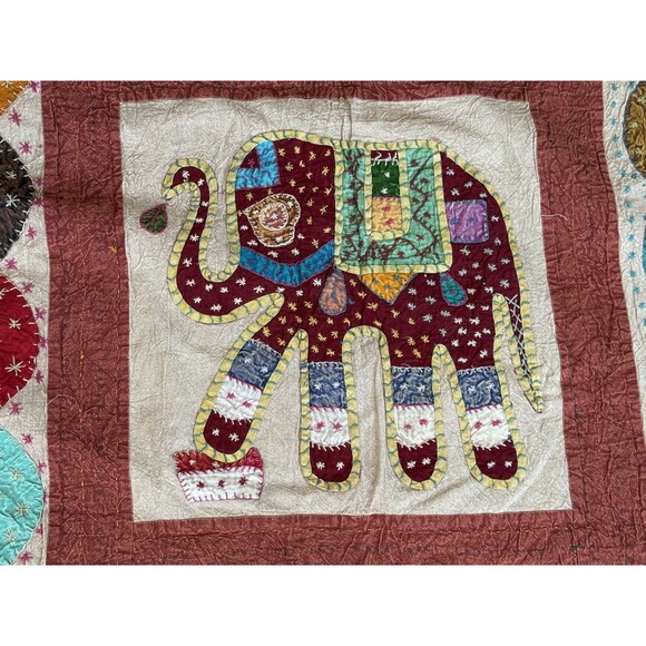 Vintage Handmade Indian Kantha quilt king size Elephant Patchwork Boho Bedspread - Picture 11 of 15
